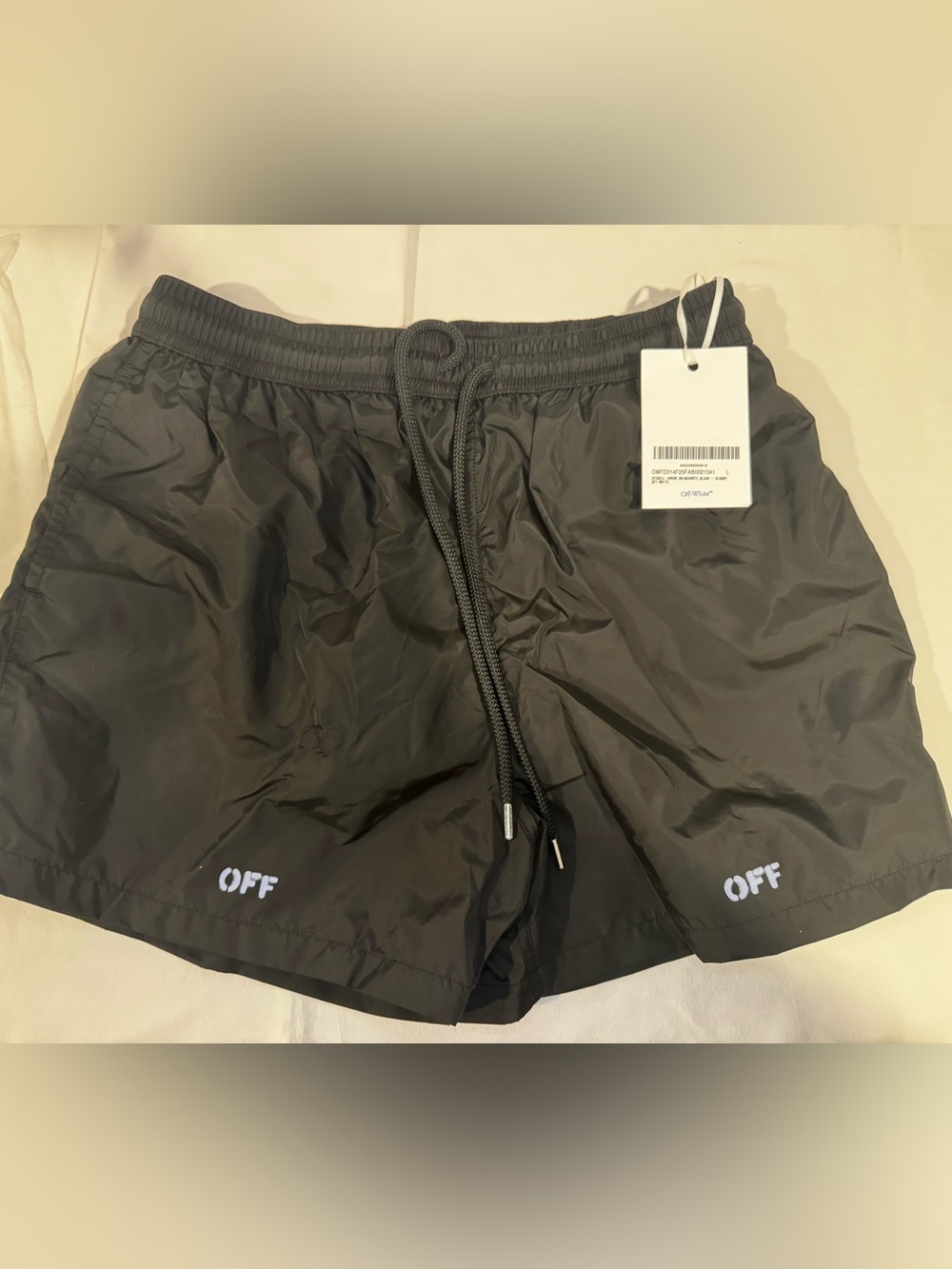 Off-White Stencil Arrow Mens Swimshorts “Cloudy” Beachwear Sz.Large